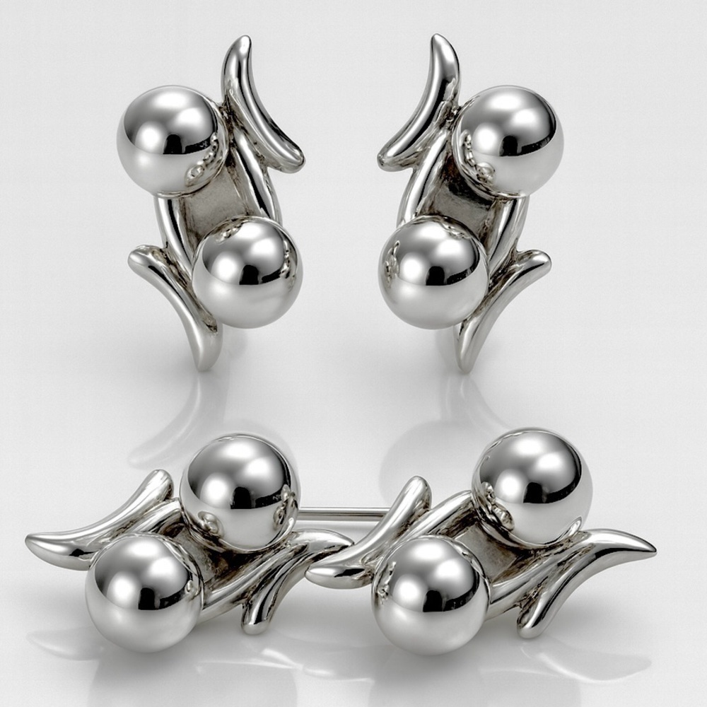 Vintage Mexico 925 Sterling Silver Modernist Brooch & Earrings Set Signed ETD
